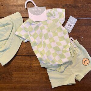 PL Baby 3m 3 Piece Light Green Checker Summer Set with Hat, NWT